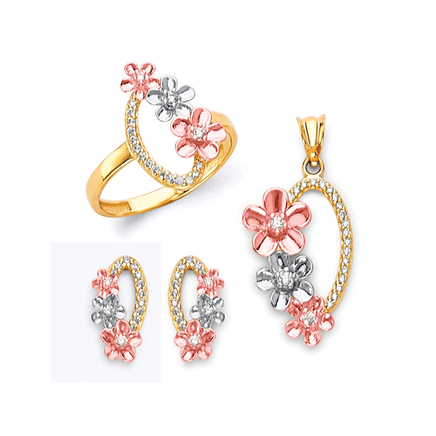 White CZ Flower Ladies Three-Piece Set in 14K Tri-Color Gold