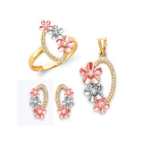 White CZ Flower Ladies Three-Piece Set in 14K Tri-Color Gold