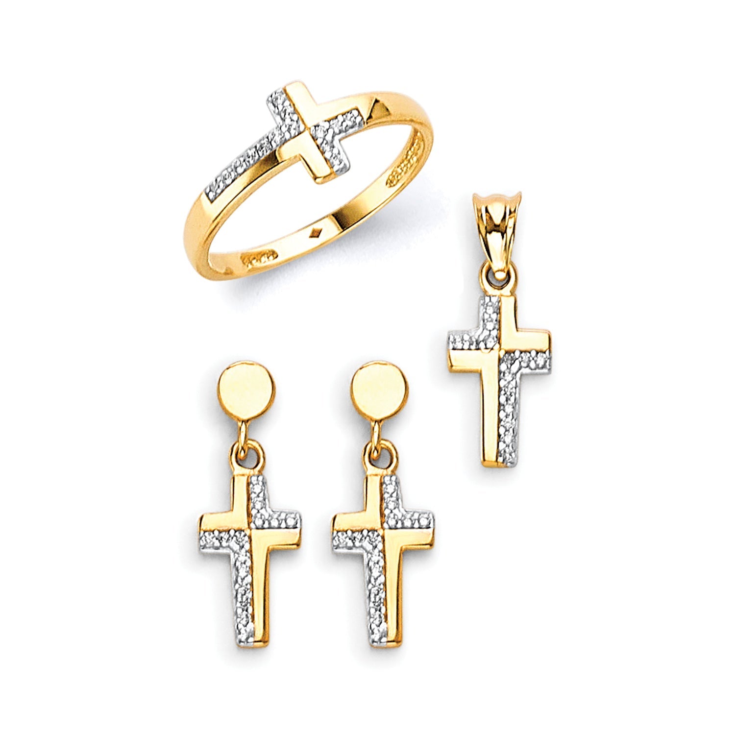White CZ Cross Ladies Three-Piece Set in 14K Gold