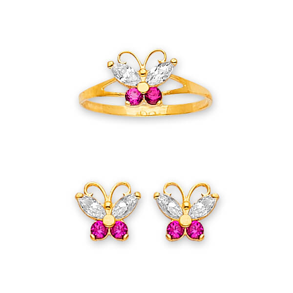Red CZ Butterfly Girls Two-Piece Set in 14K Gold